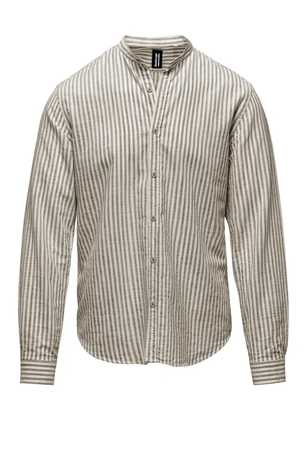 Uomo Bomboogie Camicie>Camicia In Lino/Cotone A Righe Con Collo Alla Coreana