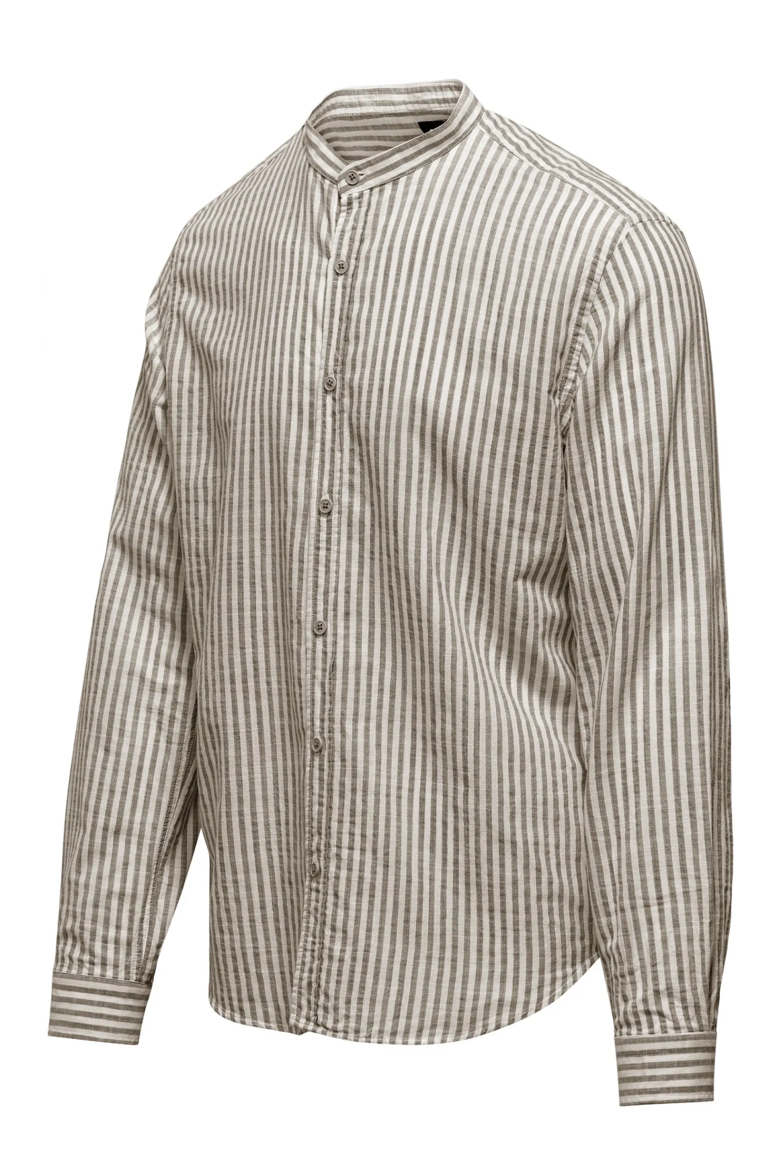Uomo Bomboogie Camicie>Camicia In Lino/Cotone A Righe Con Collo Alla Coreana